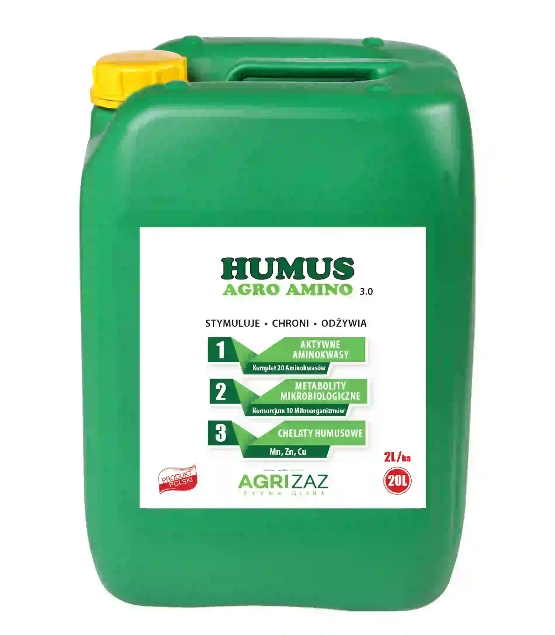 Zielony kanister 20L biostymulatora Humus Agro Amino 3.0 marki Agrizaz na białym tle