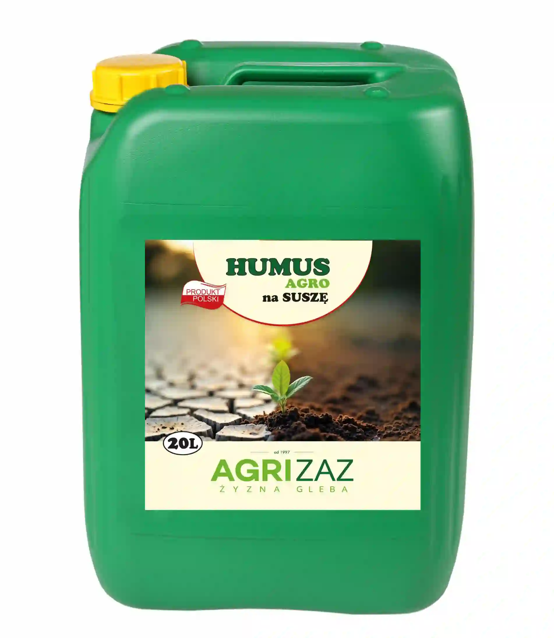 Zielony kanister 20L preparatu Humus Agro na suszę marki Agrizaz na białym tle