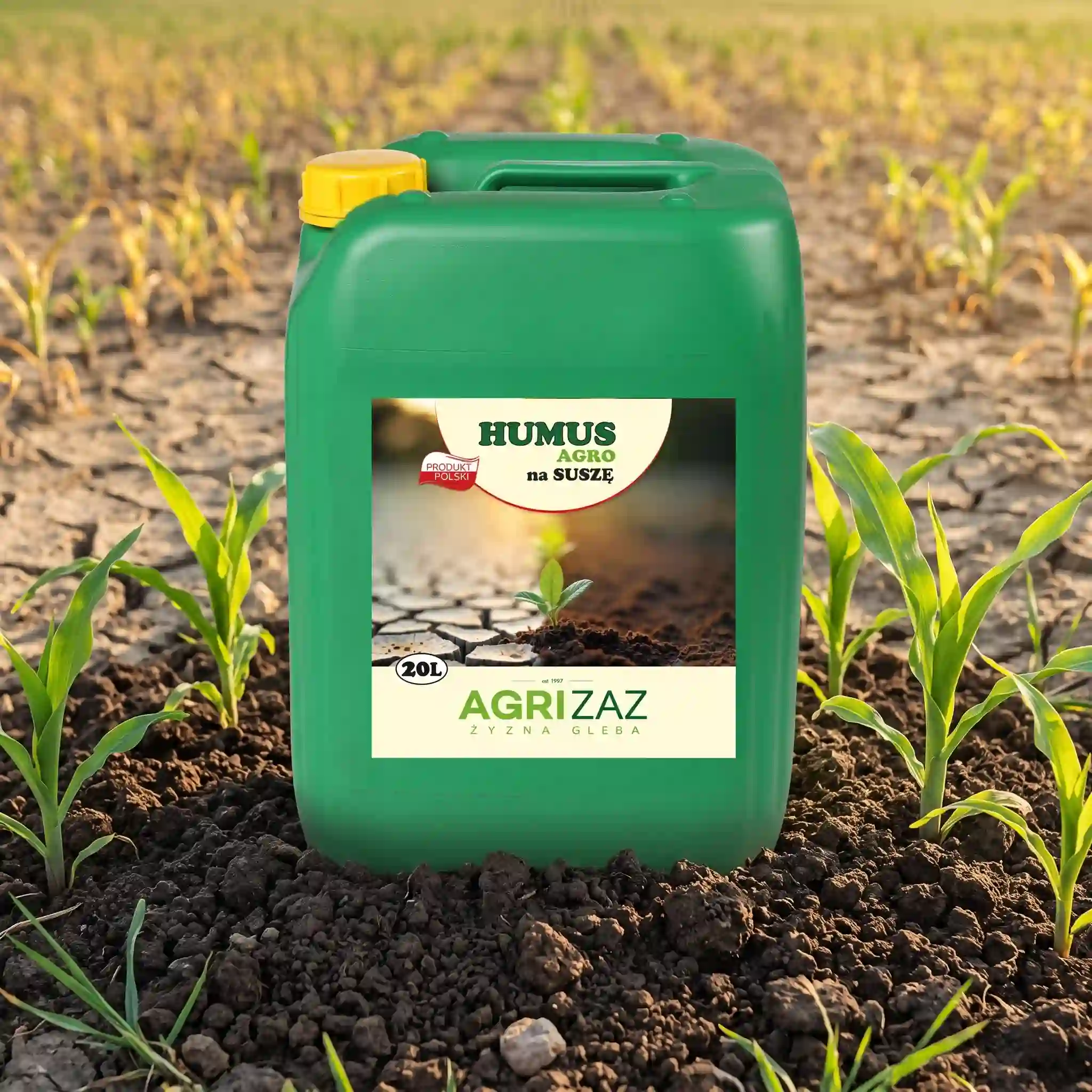 Zielony kanister 20L preparatu Humus Agro na suszę marki Agrizaz stojący na spękanej glebie między rzędami młodych roślin
