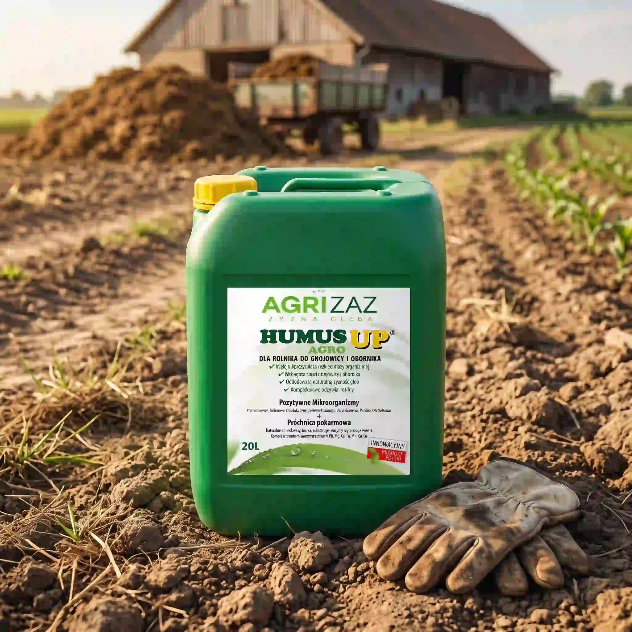 Zielony kanister 20L preparatu Humus Agro UP marki Agrizaz stojący na ziemi obok rękawic roboczych na tle gospodarstwa rolnego