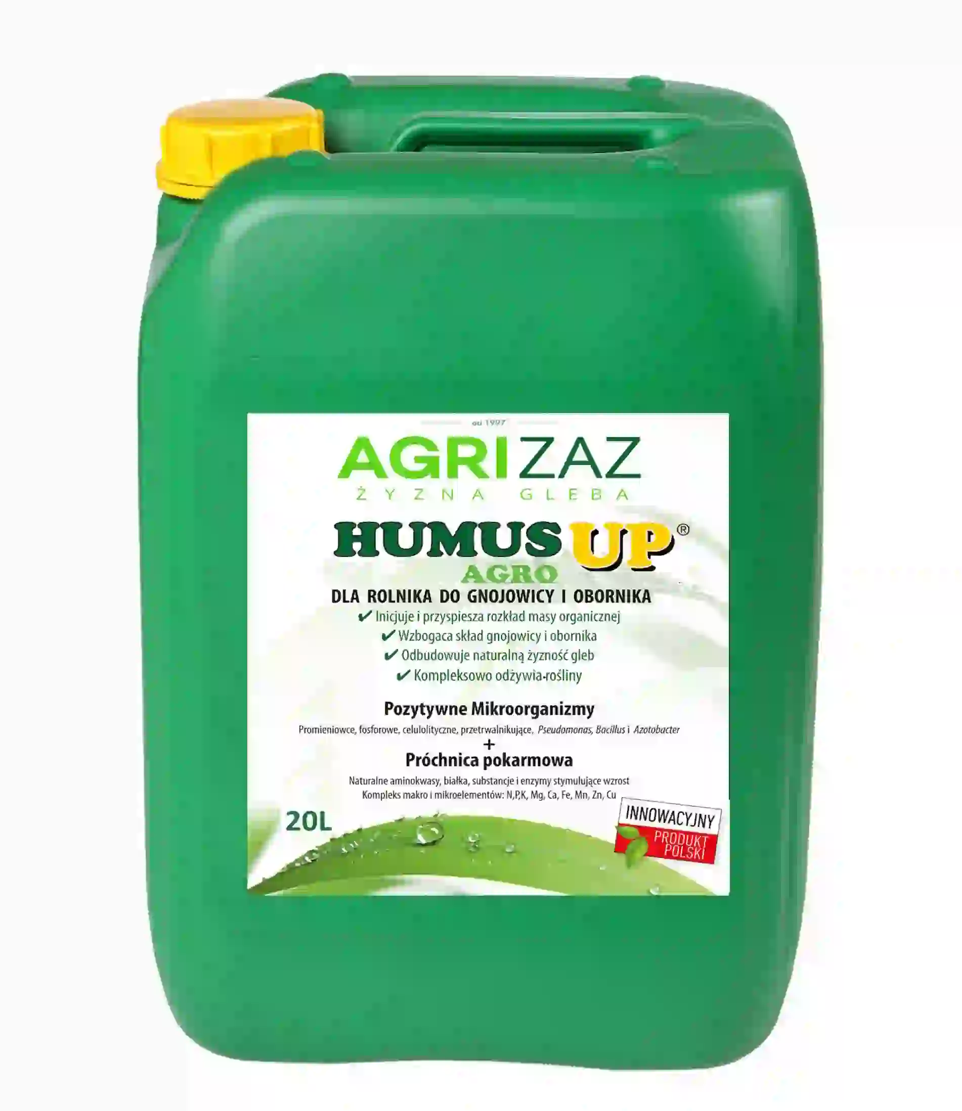 Zielony kanister 20L preparatu Humus UP Agro do gnojowicy i obornika marki Agrizaz na białym tle