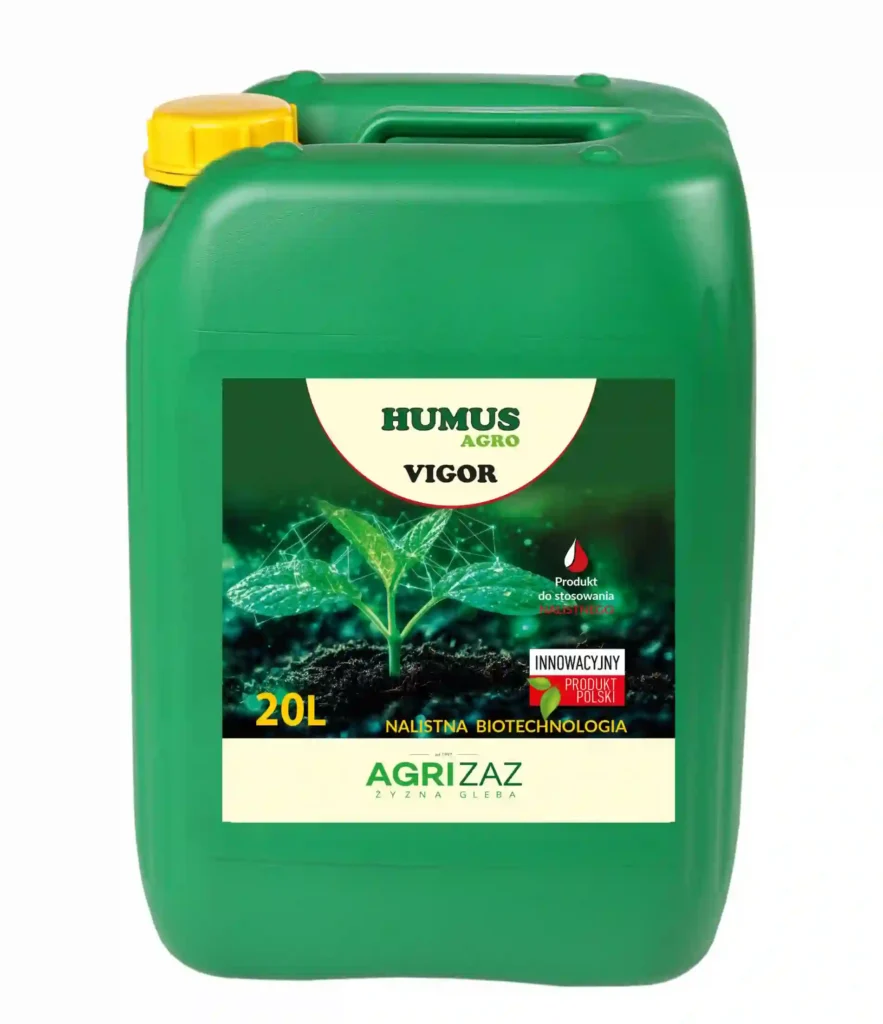 Zielony kanister 20L nalistnego preparatu Humus Agro Vigor marki Agrizaz na białym tle