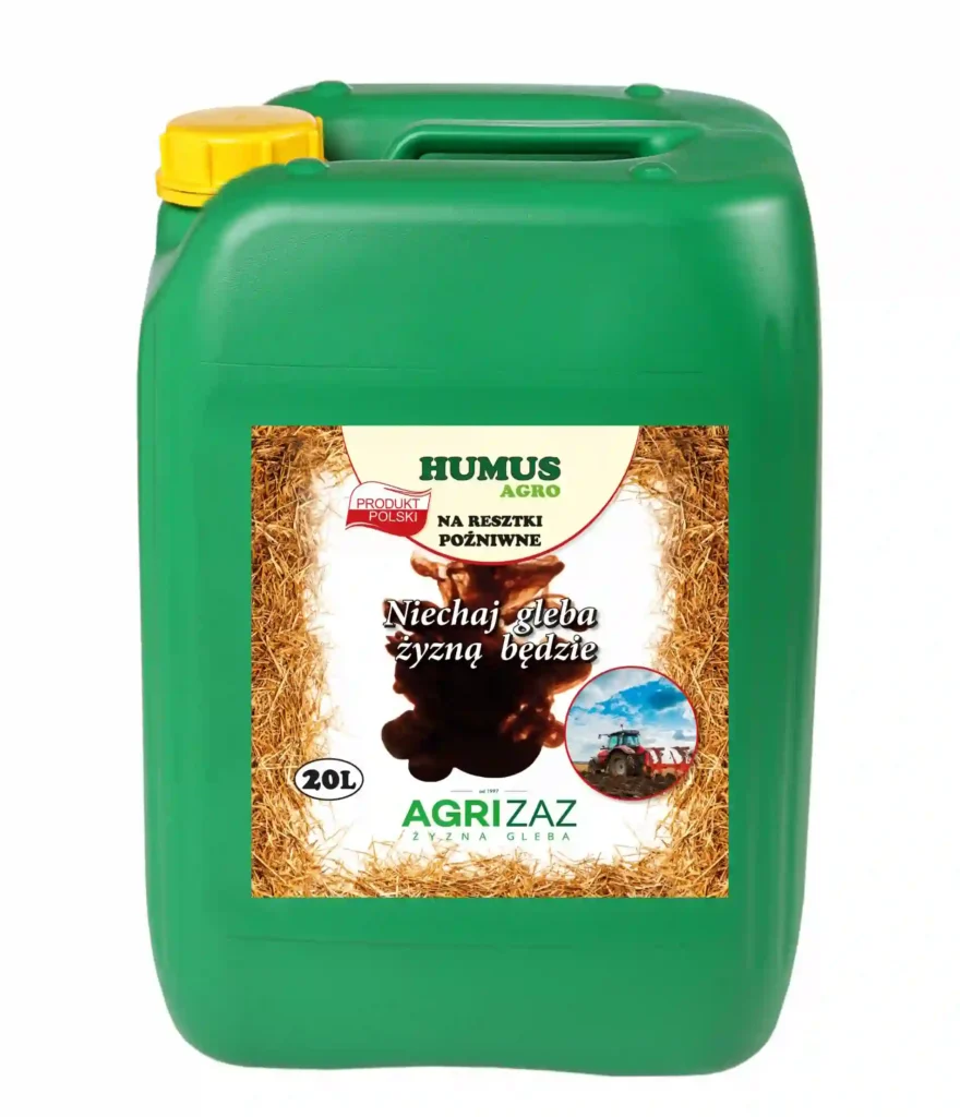 Zielony kanister 20L preparatu Humus Agro na resztki pożniwne marki Agrizaz na białym tle