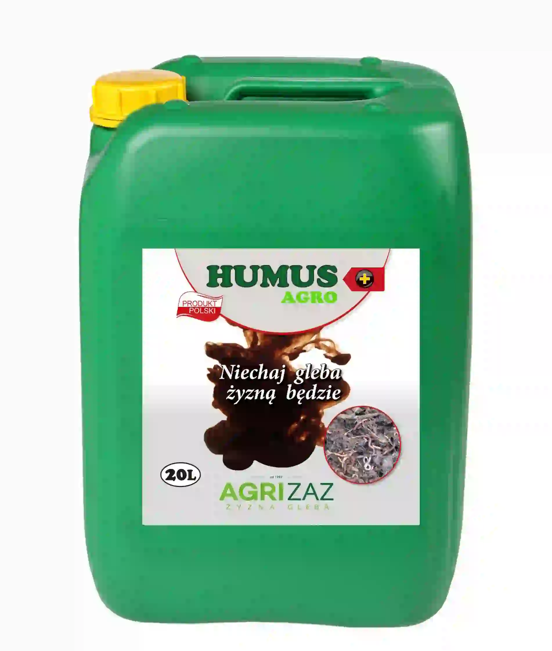 Zielony kanister 20L z płynnymi kwasami humusowymi Humus Agro Plus marki Agrizaz na białym tle