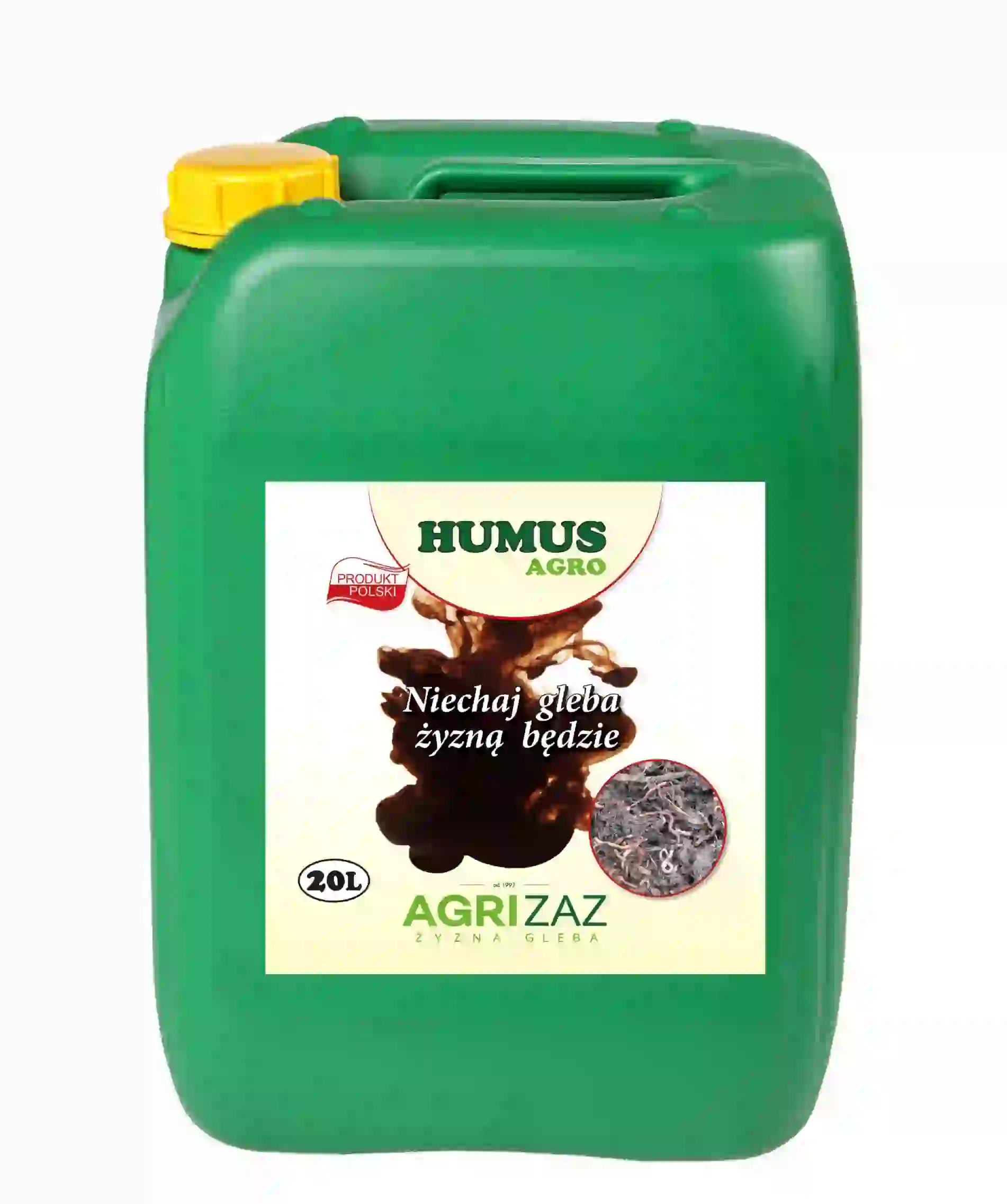 Zielony kanister 20L z płynnymi kwasami humusowymi Humus Agro marki Agrizaz na białym tle