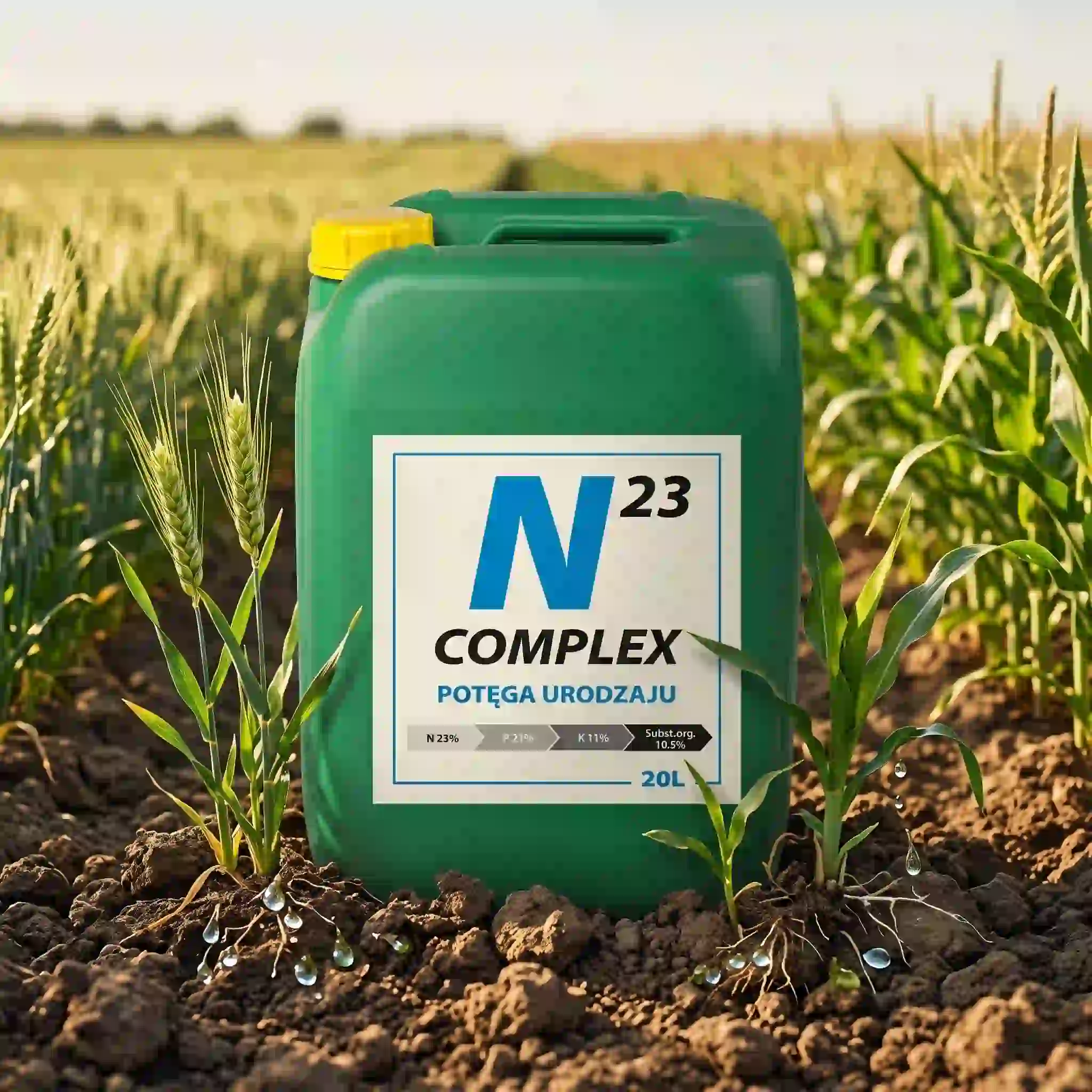 Zielony kanister 20L płynnego nawozu N23 Complex marki Agrizaz stojący na ziemi w polu pośród upraw zbóż i kukurydzy