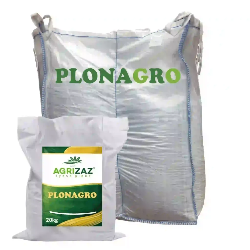 Worek 20kg oraz duży kontener typu Big-Bag nawozu organiczno-mineralnego Plonagro marki Agrizaz na białym tle