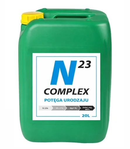Zielony kanister 20L płynnego nawozu azotowego N23 Complex marki Agrizaz na białym tle