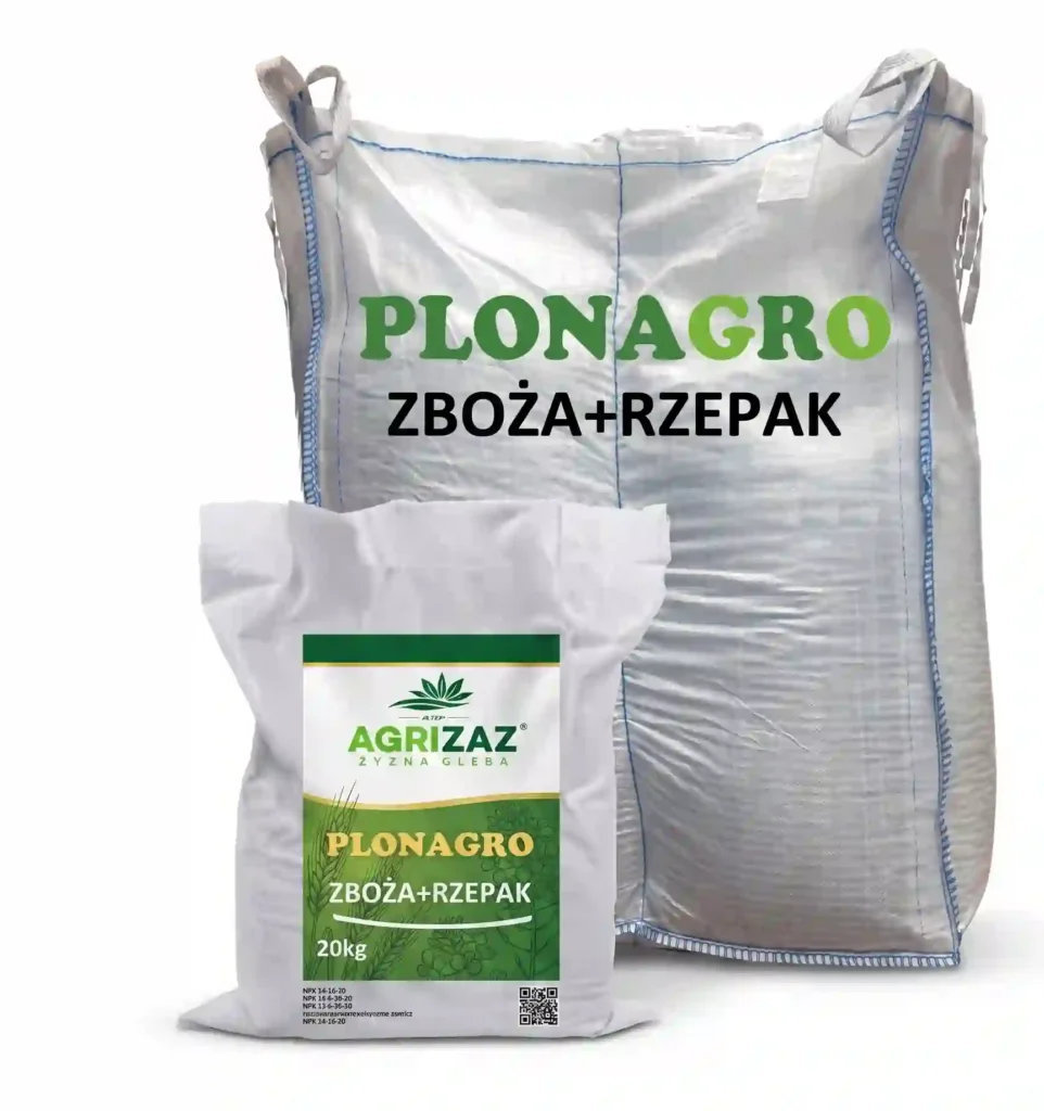 Worek 20kg oraz duży kontener typu Big-Bag nawozu Plonagro Zboża + Rzepak marki Agrizaz na białym tle