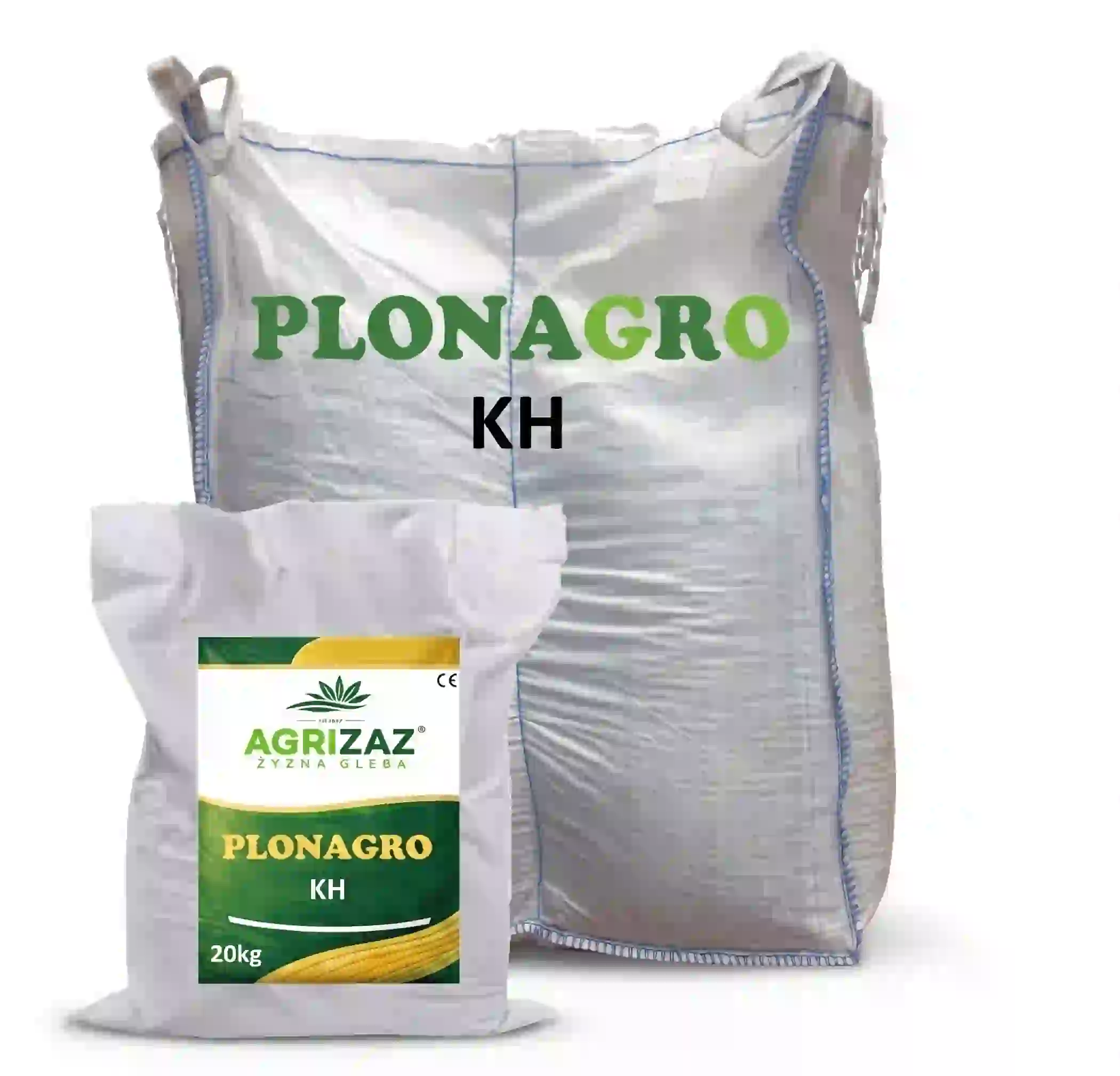 Biały worek 20kg oraz duży pojemnik typu Big-Bag nawozu organiczno-mineralnego Plonagro KH marki Agrizaz na białym tle