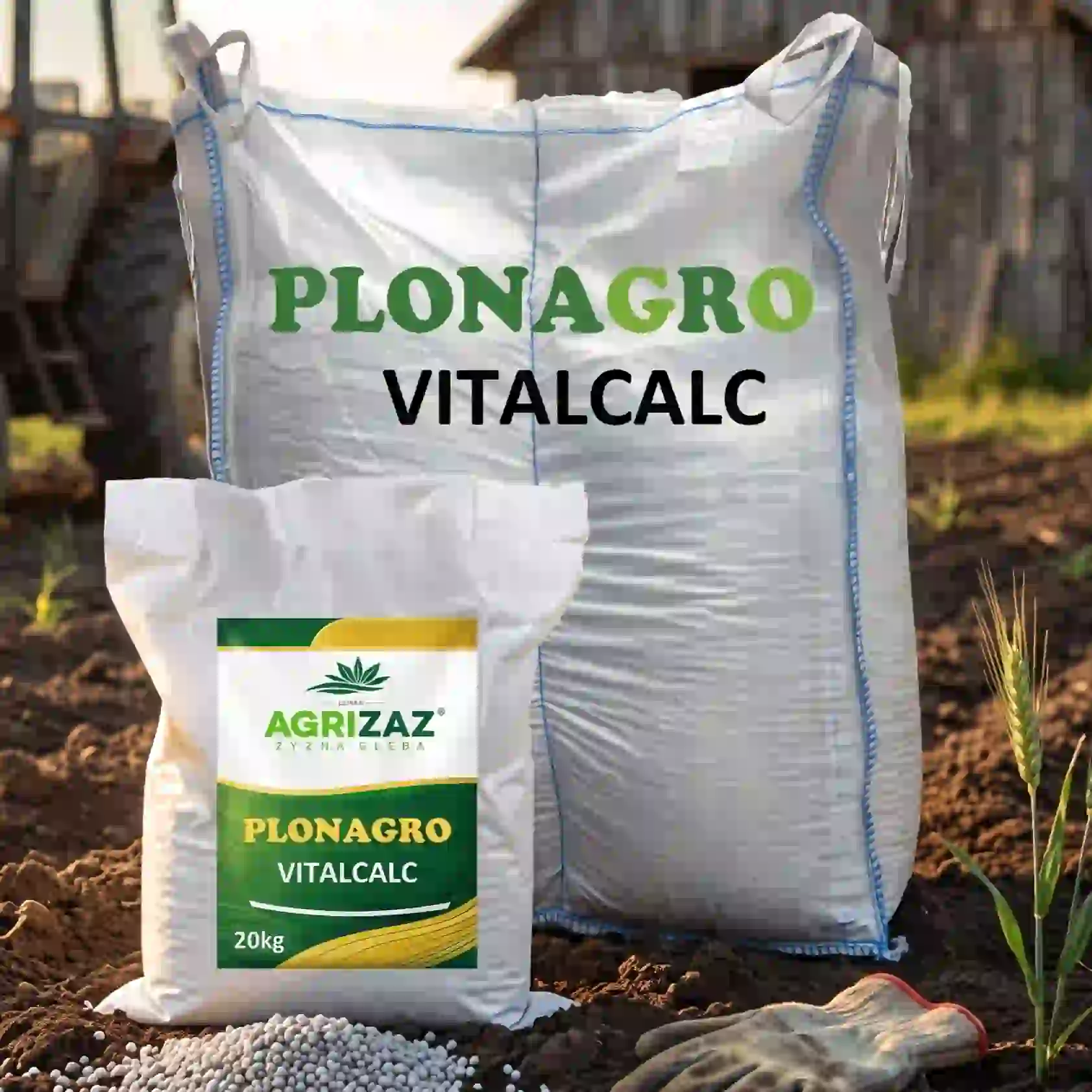 Worek 20kg oraz duży kontener typu Big-Bag nawozu wapniowego Plonagro VitalCalc marki Agrizaz stojące na ziemi w polu