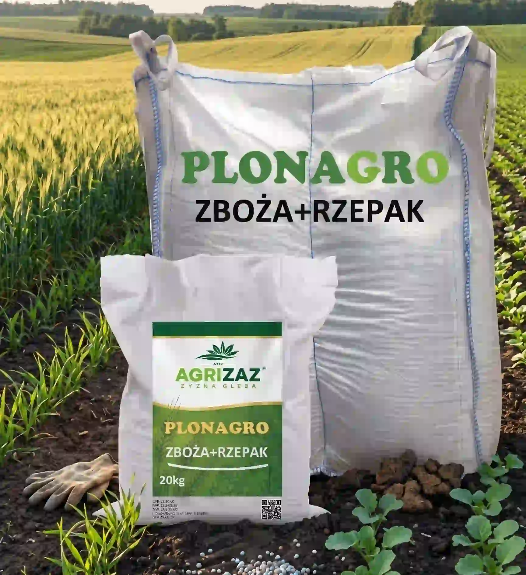 Worek 20kg oraz duży kontener typu Big-Bag nawozu Plonagro Zboża + Rzepak marki Agrizaz stojące na ziemi w polu na tle upraw