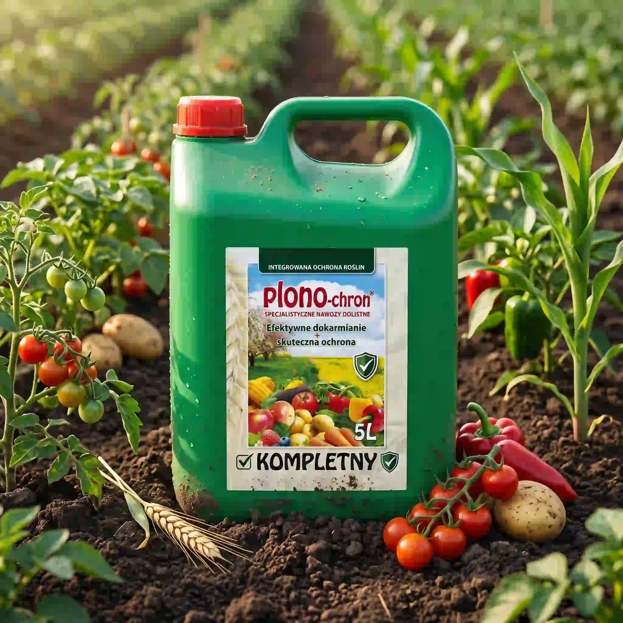 Zielony kanister 5L nawozu dolistnego Plono-chron Kompletny Active Plus marki Agrizaz stojący na glebie w otoczeniu dojrzewających pomidorów, papryki, ziemniaków i kłosów zbóż