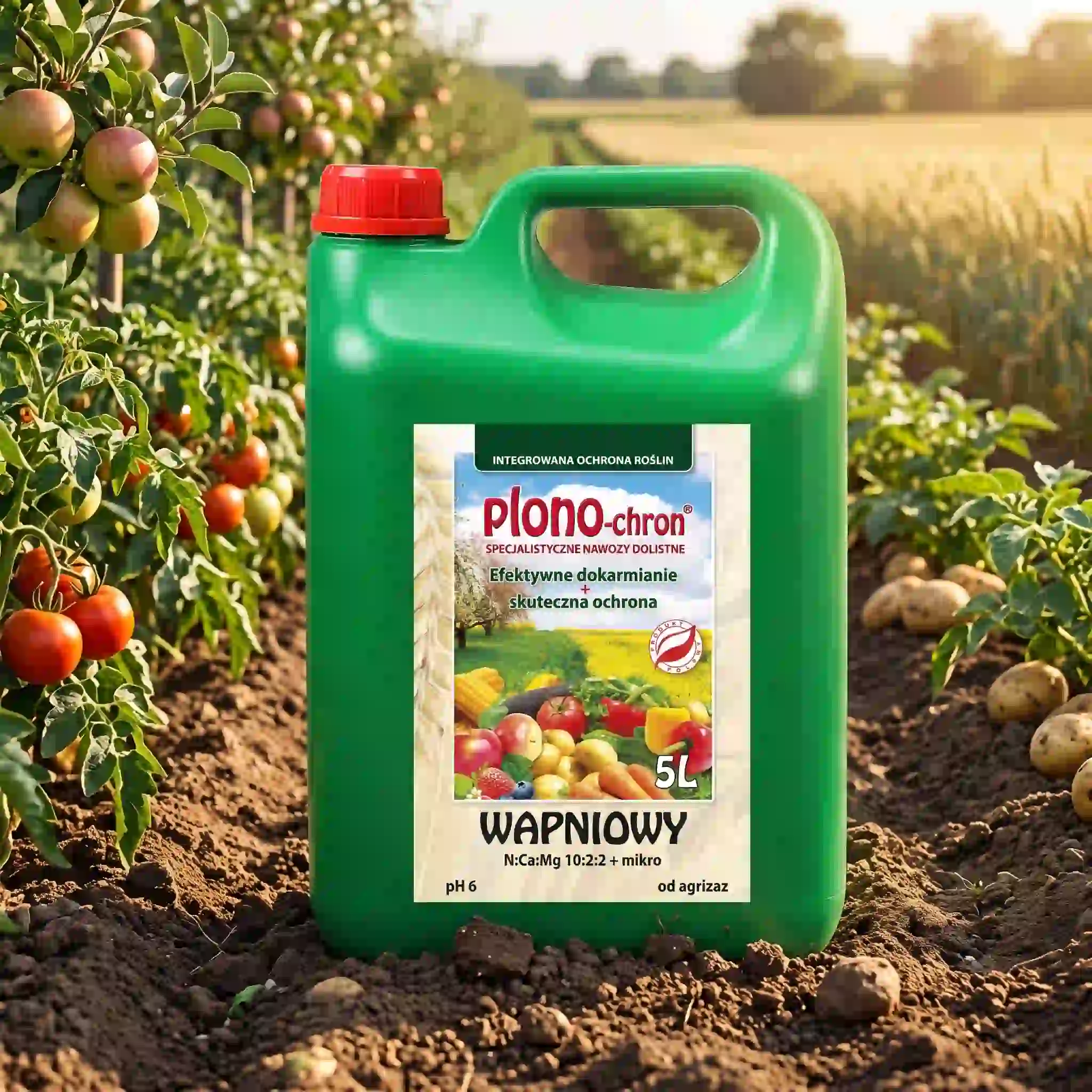 Zielony kanister 5L nawozu dolistnego Plono-chron Wapniowy marki Agrizaz stojący na glebie między uprawami pomidorów i ziemniaków