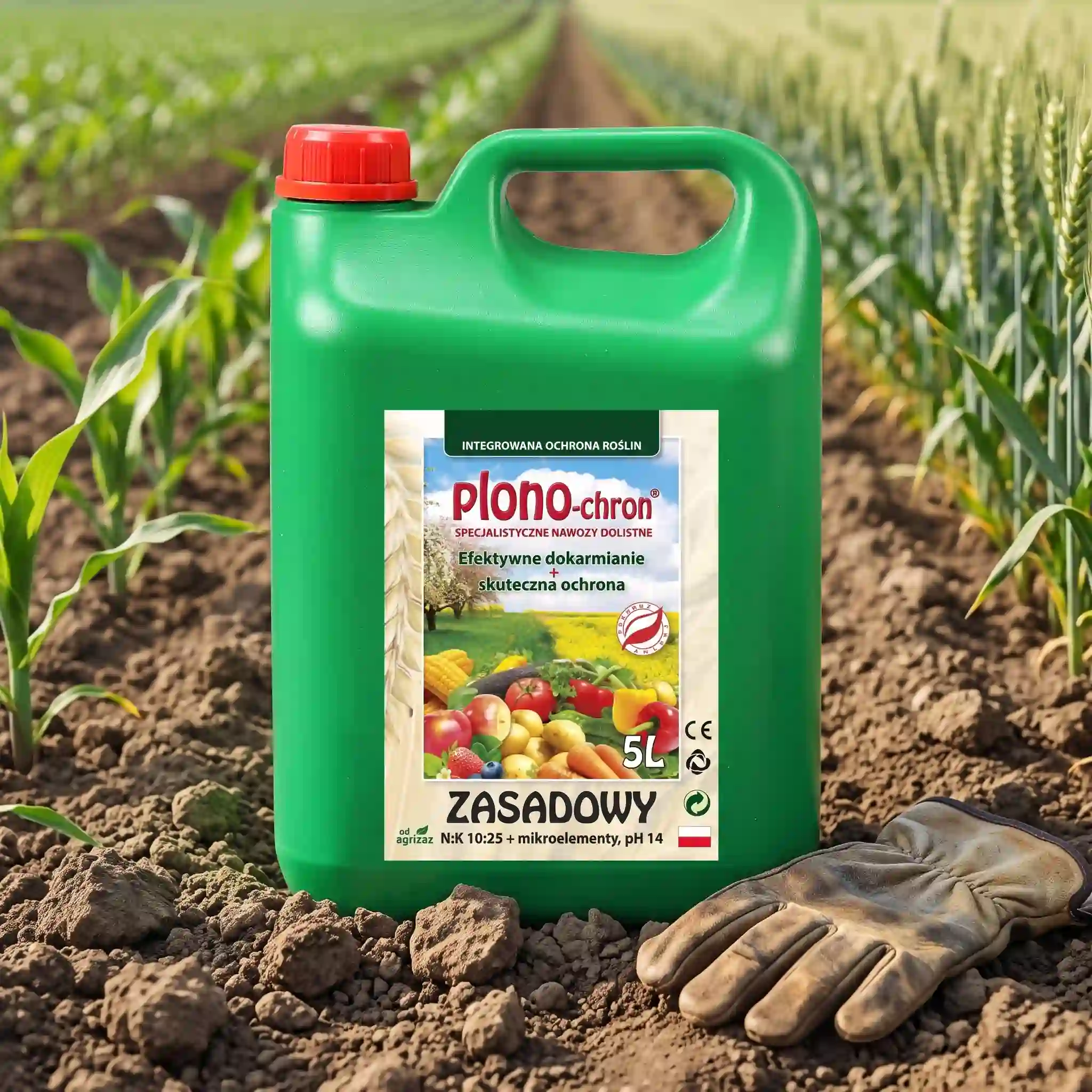 Zielony kanister 5L nawozu dolistnego Plono-chron Zasadowy marki Agrizaz stojący na glebie w polu uprawnym obok rękawicy roboczej.