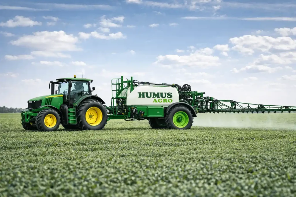 Traktor ciągnący opryskiwacz Humus Agro podczas pracy na polu
