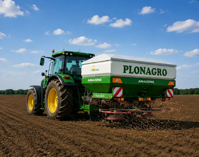 Zielony ciągnik rolniczy ciągnie na zaoranym polu duży rozsiewacz nawozów Amazone Plonagro. Widać granule nawozu sypiące się z tarczy rozsiewających. W tle las i niebo z chmurami
