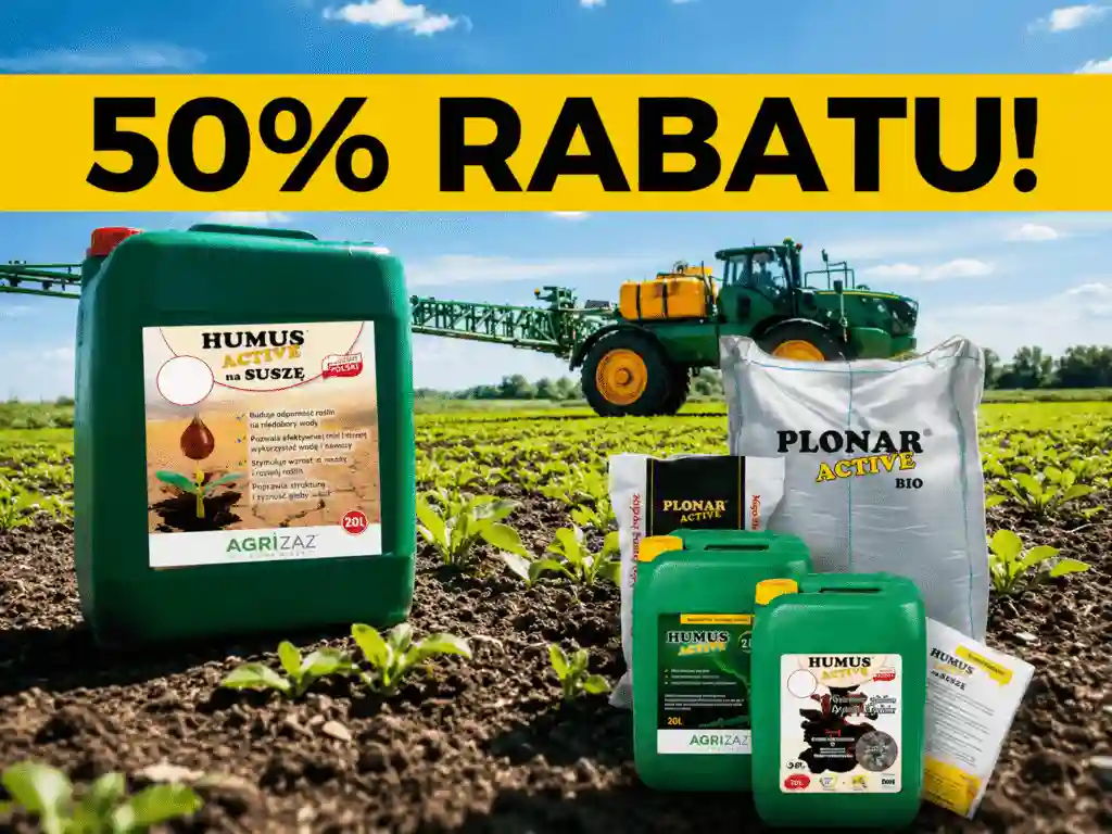 Grafika promocyjna z napisem „50% RABATU!” przedstawiająca nawozy Humus Active i Plonar Active na tle pola uprawnego z ciągnikiem